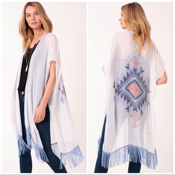 💙 Tribal Graphic Print Fringe Hem Kimono - Picture 1 of 6
